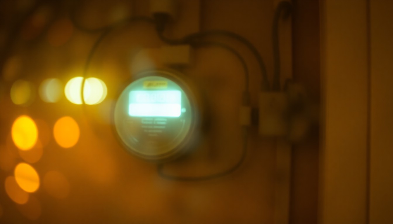 An abstract, out-of-focus photograph showing the blurred outline of a utility meter and electrical wiring, conveying the concept of energy assistance for struggling households.