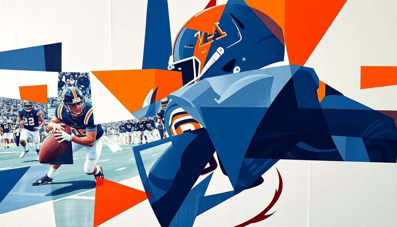 A cubist, geometric painting depicting a fractured, multi-angled view of a football practice, with sharp planes of navy blue, orange, and white representing the energy and intensity of the session.