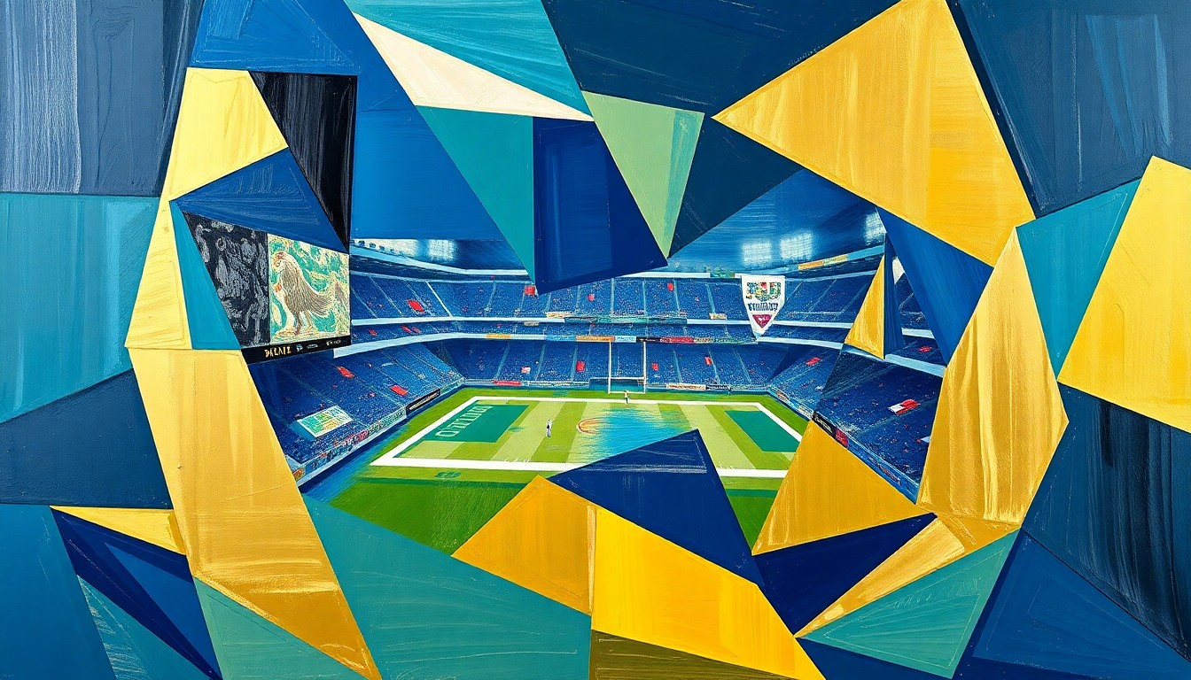 A fragmented, cubist-style painting depicting various football players and game elements in a collage of geometric shapes and bold colors, conveying the multifaceted nature of the NFL Draft process.