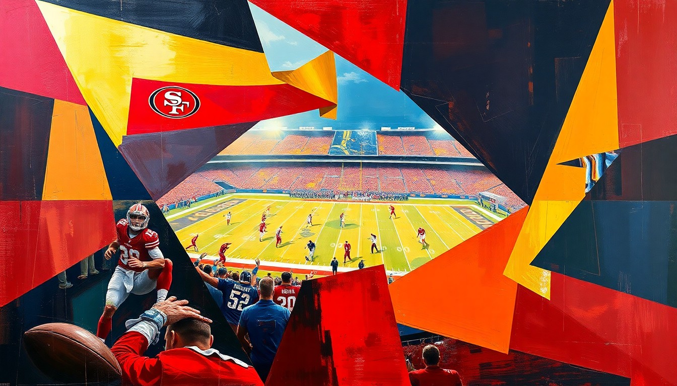 A fractured, cubist-style painting depicting a 49ers football game or practice, with sharp geometric shapes and planes in vibrant colors like red, gold, and navy blue, conceptually representing the multifaceted nature of Brock Purdy's impact on the team.