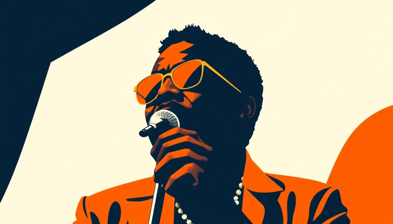 An abstract, minimalist composition of jagged, geometric shapes in deep indigo and vibrant orange, conceptually representing the musical legacy and global impact of Nigerian Afrobeat pioneer Fela Kuti.