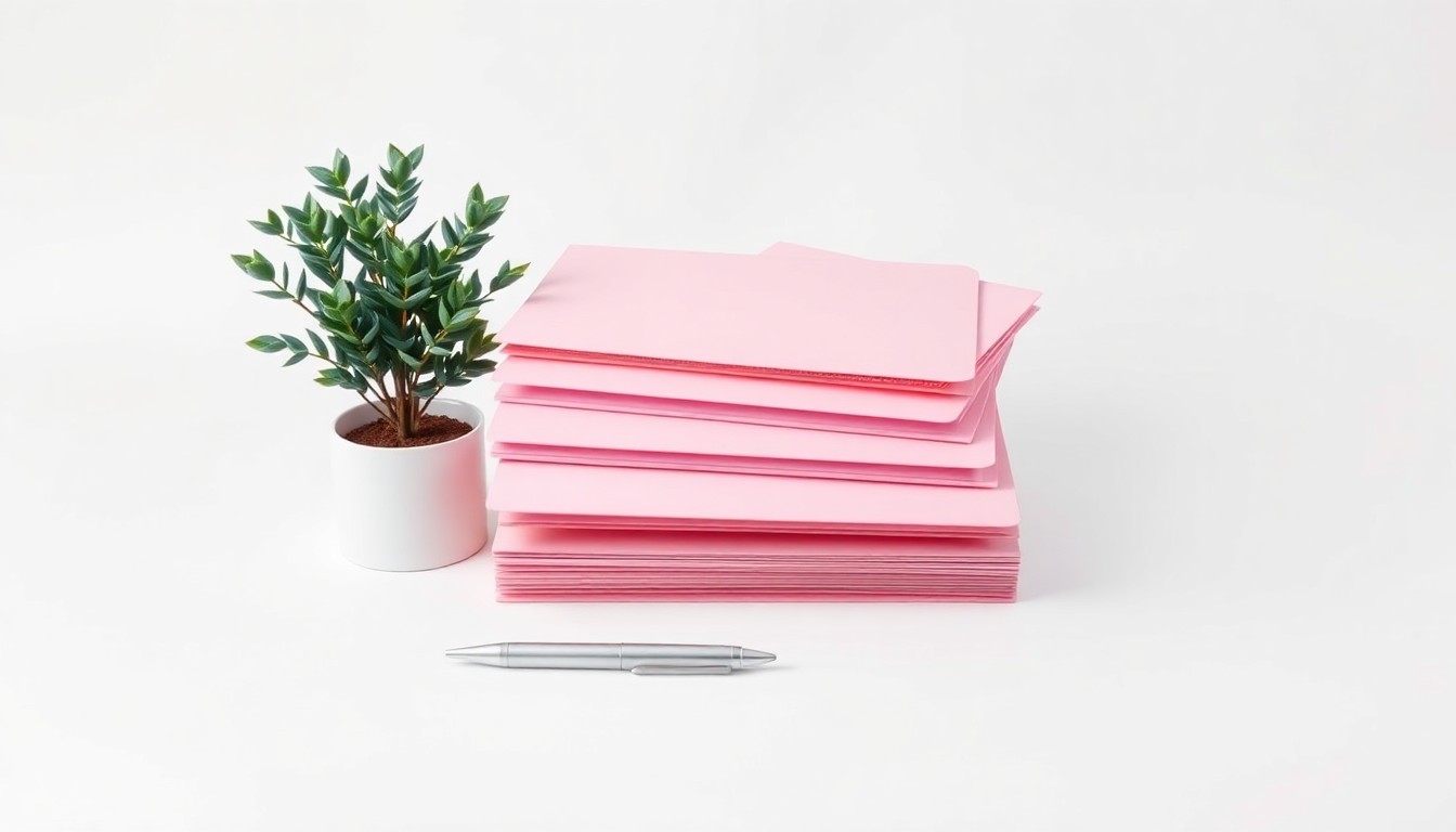 A minimalist studio still life photograph featuring a stack of pink office folders, a silver pen, and a small potted plant arranged elegantly on a clean white background, symbolizing the corporate restructuring and layoffs at The Walt Disney Company.