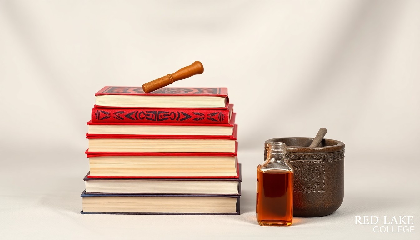 A photorealistic studio still life featuring a stack of hardcover books with a tribal design, a mortar and pestle, and a small glass vial filled with an amber liquid, arranged elegantly on a clean, monochromatic background to symbolize the academic mission, traditional knowledge, and growth potential of Red Lake Nation College.