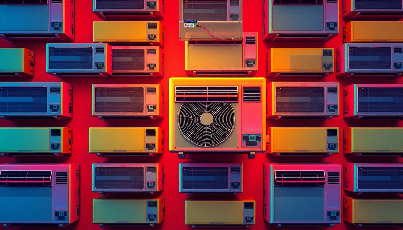 A bold, colorful silkscreen print featuring a repeating pattern of a modern, energy-efficient air conditioning unit in a grid of neon-bright, high-contrast colors and heavy black outlines, conceptually representing the transition to more sustainable home cooling systems.