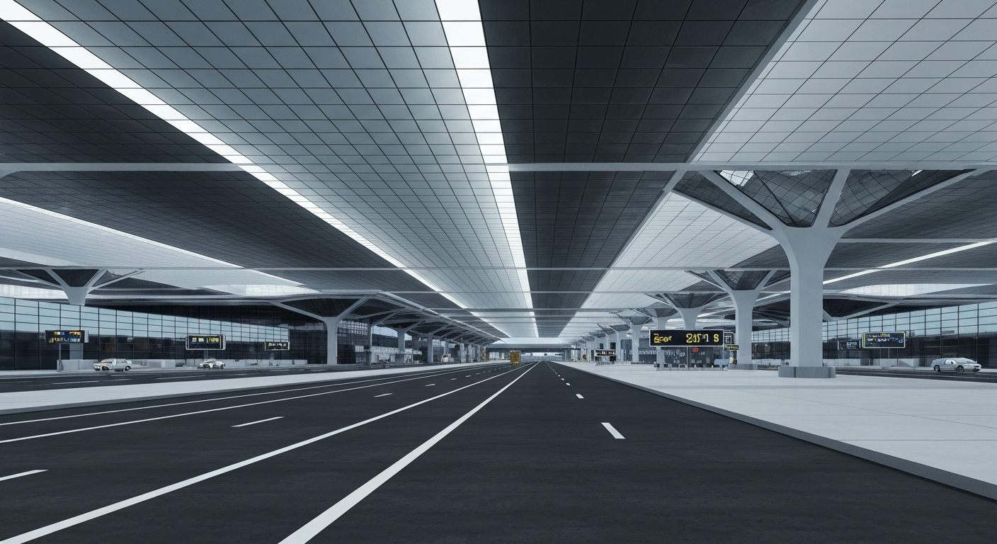 A highly stylized, geometric illustration in the Art Deco style, depicting the grand, sweeping architecture and scale of a major international airport terminal without any literal people or text.