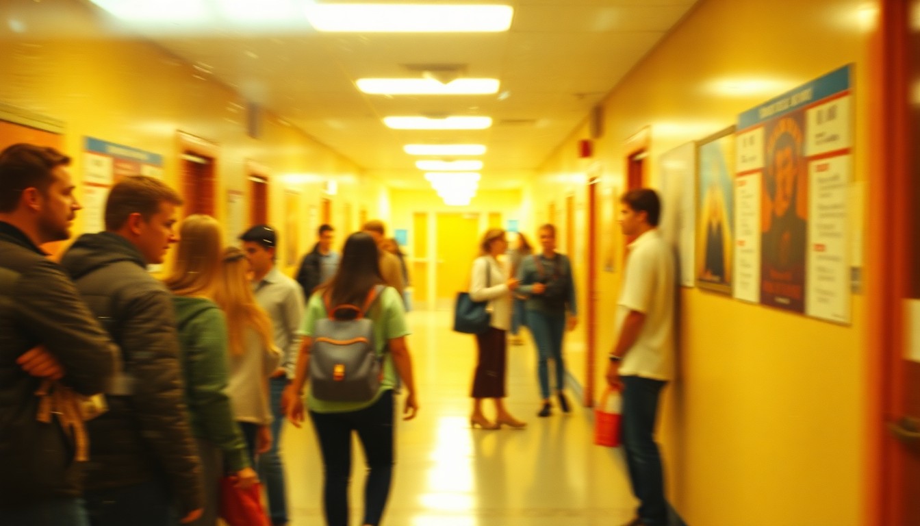 An impressionistic, softly focused image of students and teachers in a high school hallway, with the scene blurred and abstracted into pools of warm color and light, conveying the emotional atmosphere of transition and community at the school.