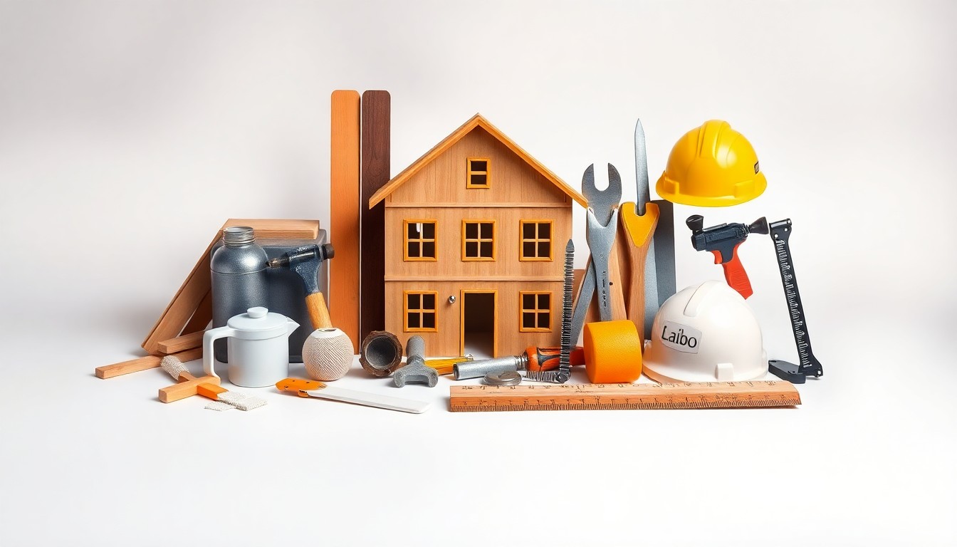 A high-end, photorealistic studio still-life photograph featuring a collection of premium, polished building materials and construction tools arranged elegantly on a clean, monochromatic seamless background, symbolizing the intersection of prison labor, affordable housing, and local tax revenue.