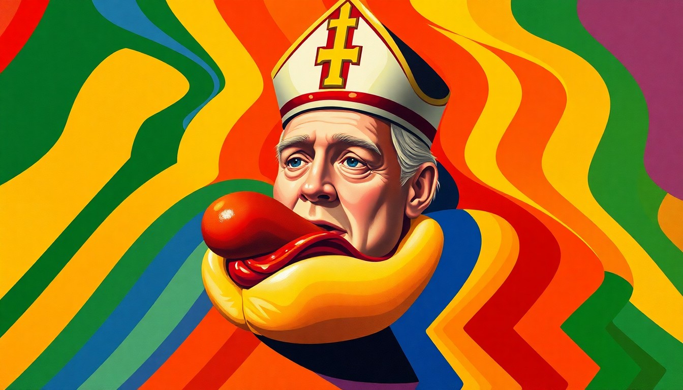 A vibrant, abstract painting of a hot dog with a papal mitre and a MAGA hat, repeated in overlapping, fractured geometric shapes and waves of bold, clashing colors, conceptually representing the clash between political and religious figures.