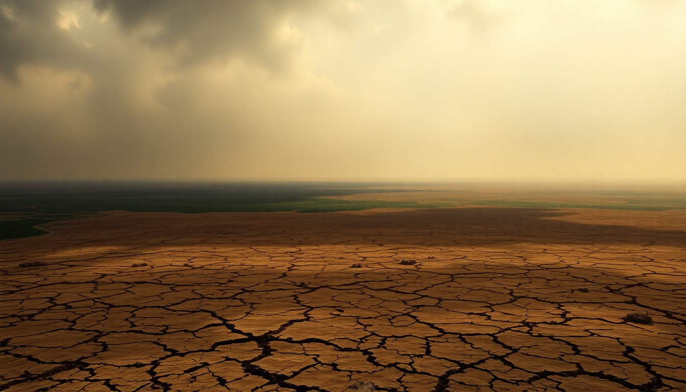 A vast, atmospheric landscape painting in muted earth tones, with a cracked, dry ground stretching to the horizon under a hazy, oppressive sky, conveying the overwhelming impact of the drought on the local environment.