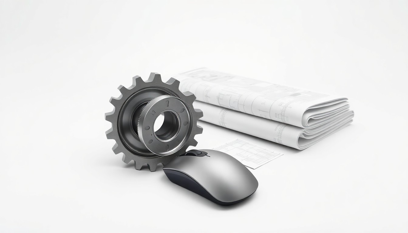 A photorealistic studio still life featuring a polished metal gear, a sleek computer mouse, and a stack of architectural blueprints arranged elegantly on a clean, white background, conceptually representing the advanced manufacturing, technology, and urban planning focus of the 'Choose Macon 2030' initiative.