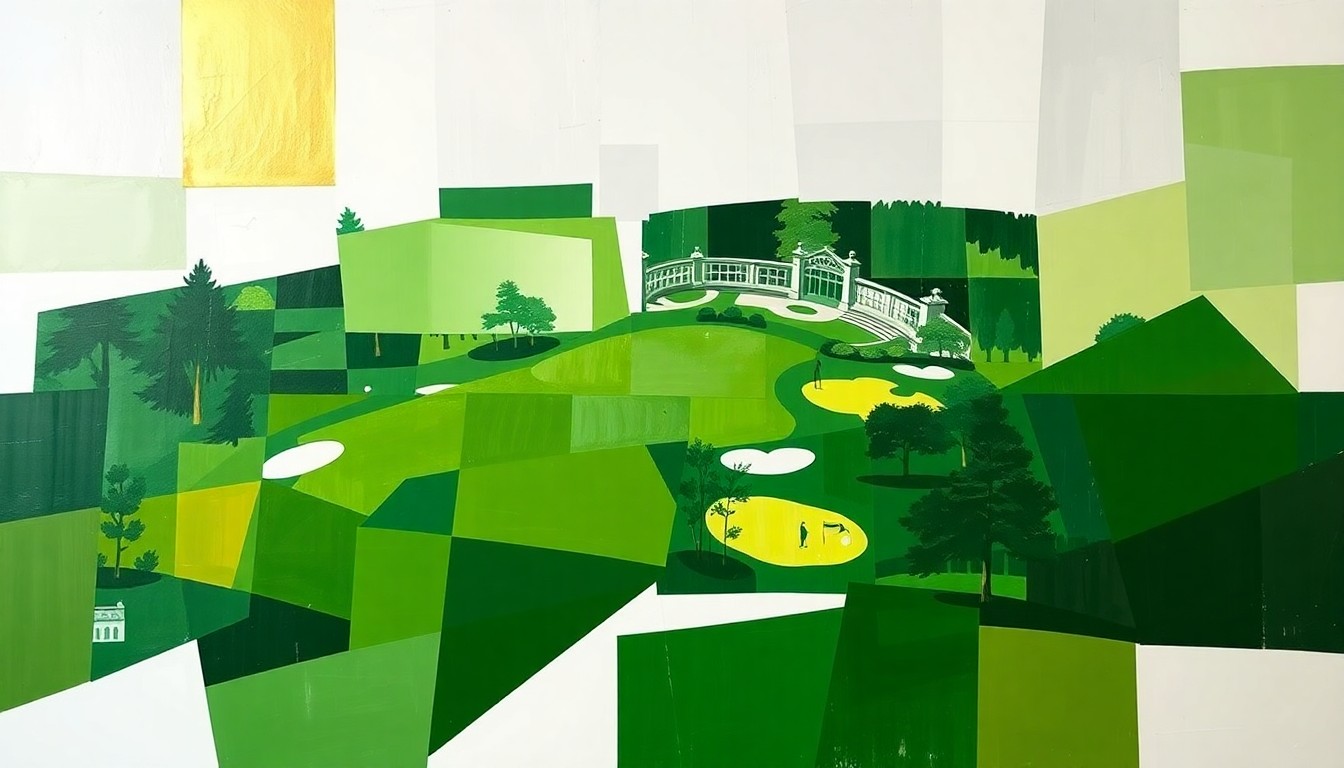 A cubist-style painting featuring fragmented geometric shapes in shades of green, white, and gold, representing the iconic Augusta National Golf Club and the energy of the Masters tournament.