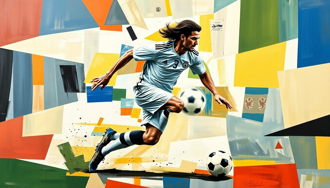 A fractured, cubist-style painting depicting the dynamic movement and energy of a soccer player in action, with the player's face and jersey obscured into sharp, overlapping geometric shapes and planes.