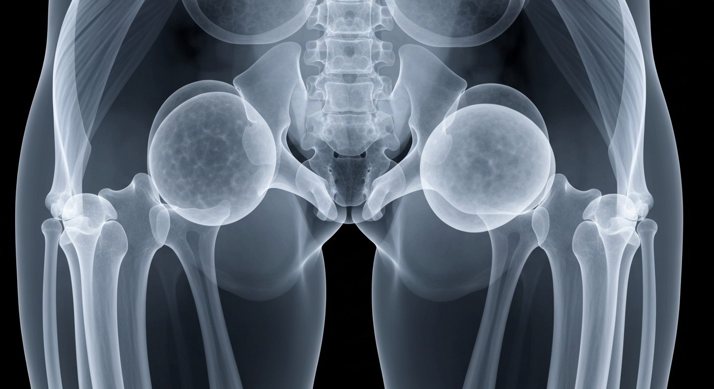 An extreme close-up X-ray photograph showing the internal structure of human thigh muscles, with ghostly white lines and shapes representing the buildup of fat deposits within the muscle tissue.