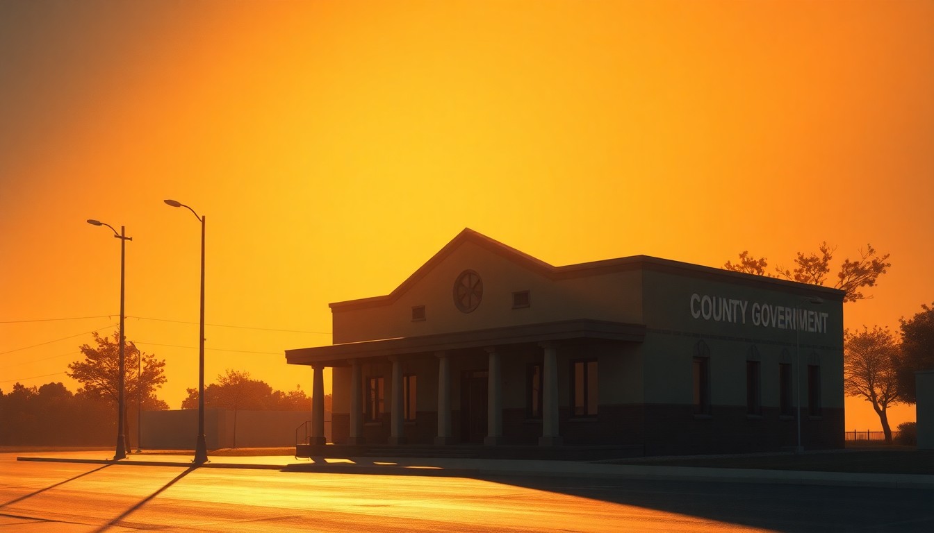A serene, photorealistic painting of a county government building with a warm, golden glow from the setting sun, conveying a sense of nostalgia and the end of an era.