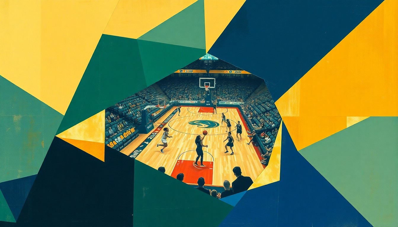 A fragmented, geometric painting in navy, green, and gold hues, capturing the dynamic motion and intensity of a women's basketball game in an abstract, deconstructed style.