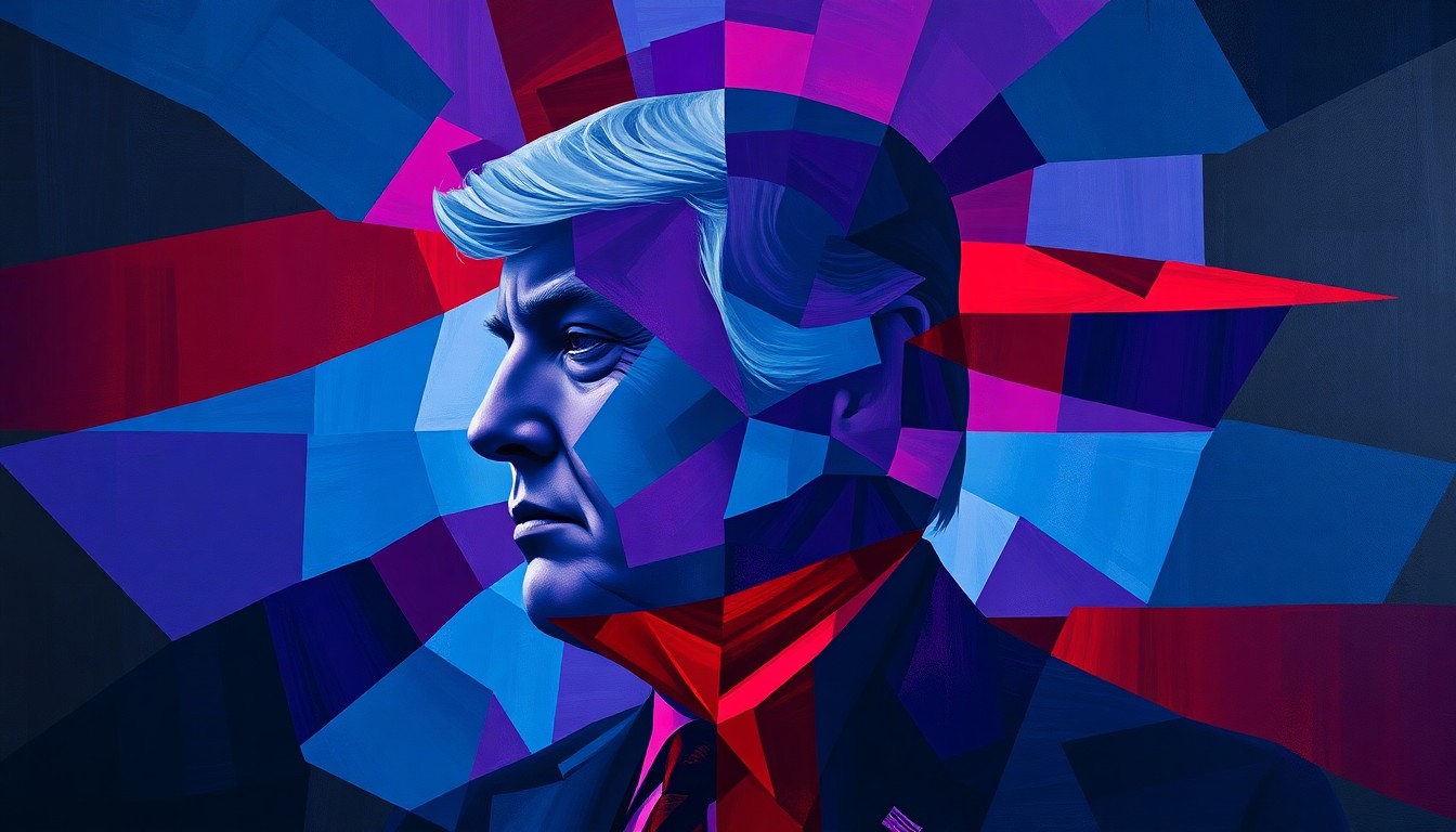 A fractured, abstract painting featuring the silhouette of a politician in overlapping geometric shapes and waves of deep blue, violet, and crimson, conveying a sense of political turmoil and deception.