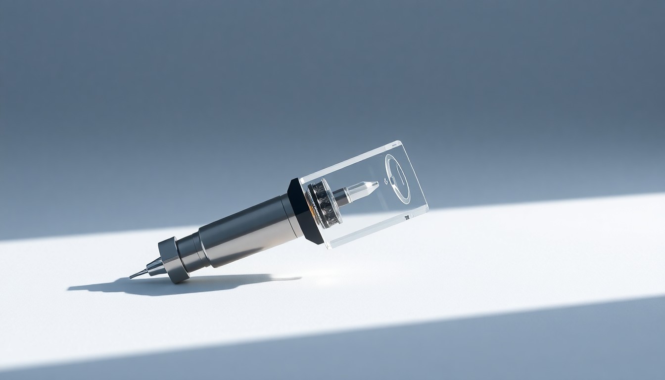 A polished, geometric medical device or diagnostic instrument made of premium materials like stainless steel, glass, and carbon fiber, arranged elegantly on a clean, monochromatic background and dramatically lit to showcase the precision and innovation of Veracyte's cancer diagnostics technology.