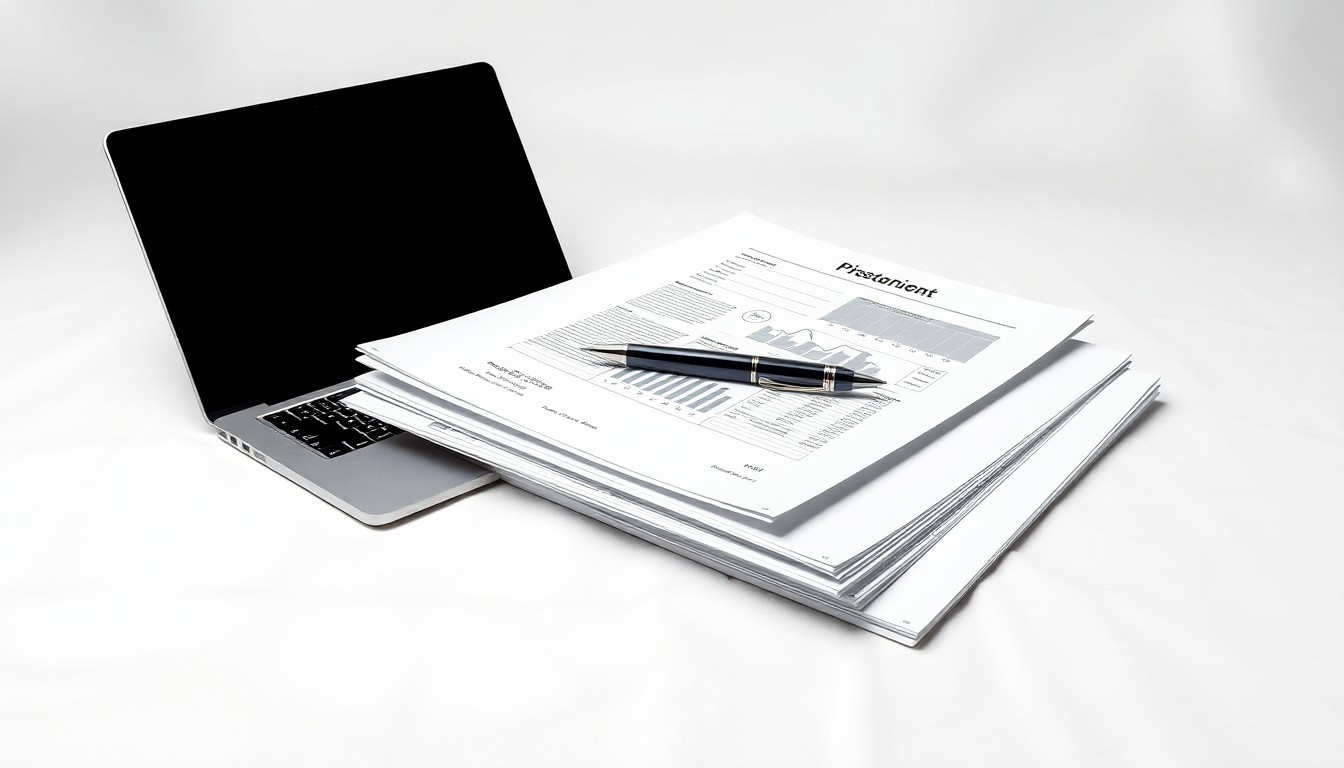 A minimalist, photorealistic studio still life featuring a stack of financial reports, a laptop, and a pen arranged elegantly on a clean white background, conceptually representing the abstract corporate strategy and finance behind EA's decision to forgo its earnings call.
