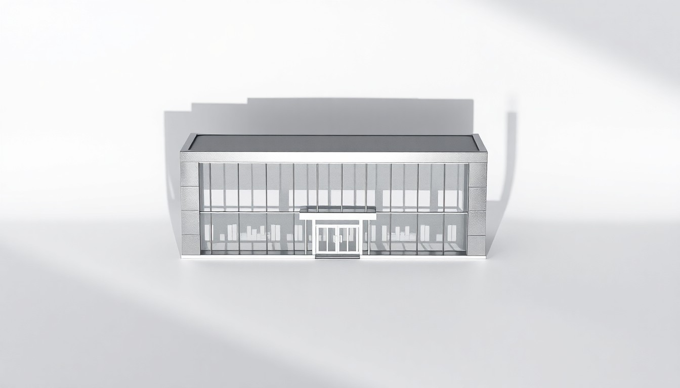 A highly detailed, photorealistic studio still life photograph featuring a polished, geometric metal model of a shopping mall facade, placed elegantly on a clean, monochromatic background and dramatically lit to conceptually represent the abstract business of commercial real estate investment.