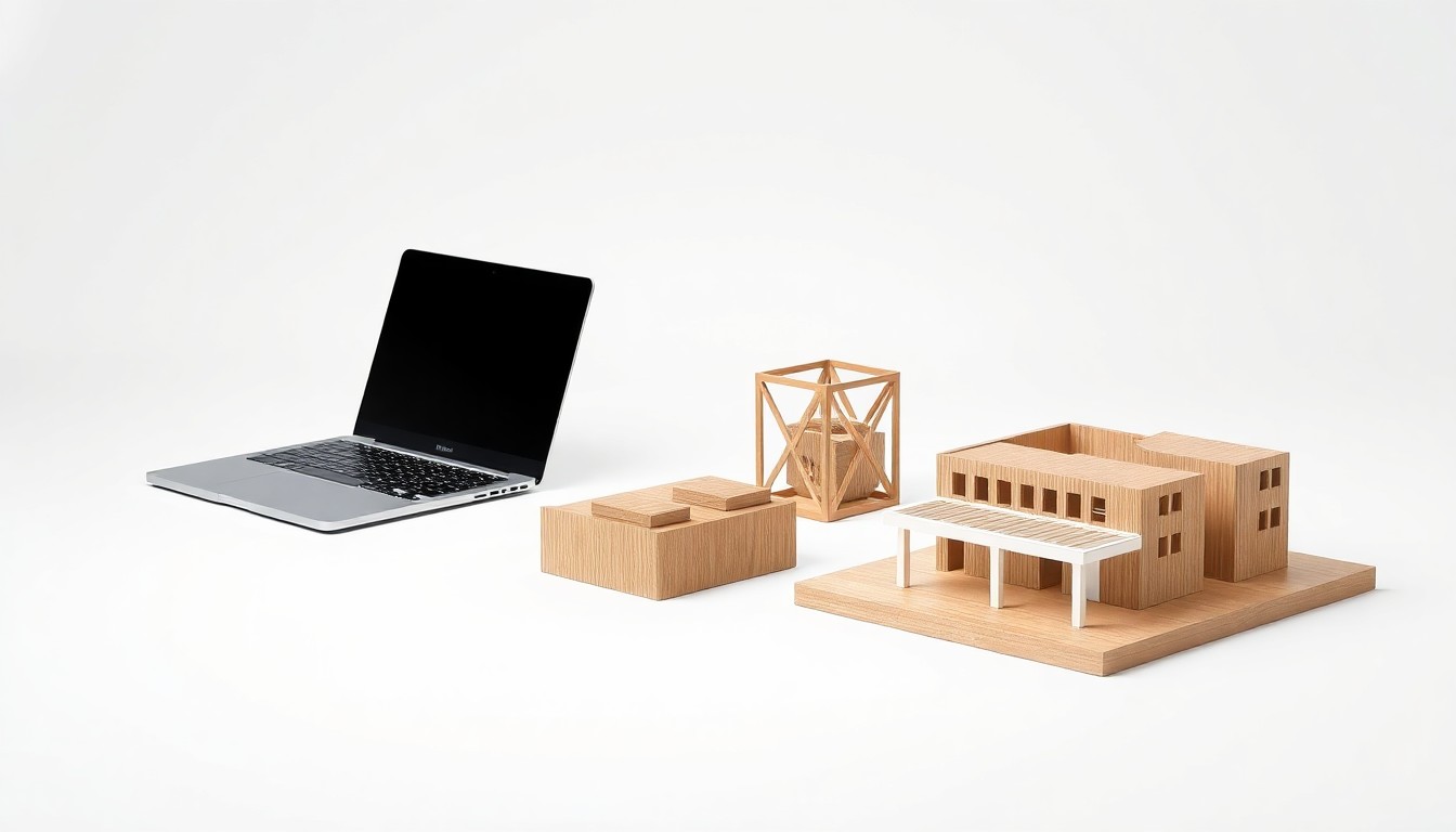 A high-end, photorealistic studio still-life photograph featuring a sleek laptop, geometric desk organizer, and stylized architectural model, all arranged elegantly on a clean, white background and using dramatic lighting to convey a sense of corporate strategy and technology.