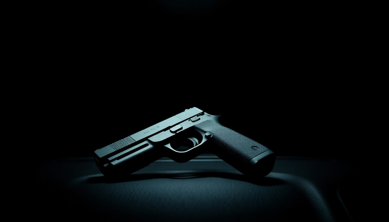 An extreme close-up photograph of a handgun on a car dashboard, lit by a harsh, direct camera flash against a pitch-black background, creating a stark, gritty, investigative aesthetic.