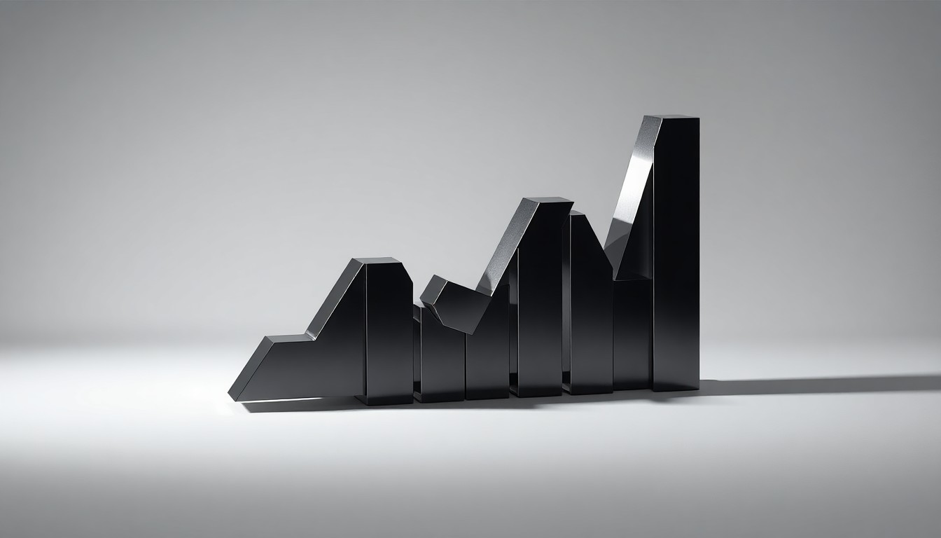 A highly polished, geometric metal sculpture in the shape of an abstract business graph or chart, resting on a clean, monochromatic background and dramatically lit to represent the strategic and technological elements of the Gloo-EMD acquisition deal.