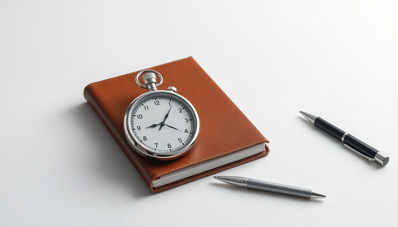 A photorealistic studio still life featuring a polished metal stopwatch, a leather-bound notebook, and a pen arranged elegantly on a clean, monochromatic background, conceptually representing the strategic advisory services provided by The Hackett Group.