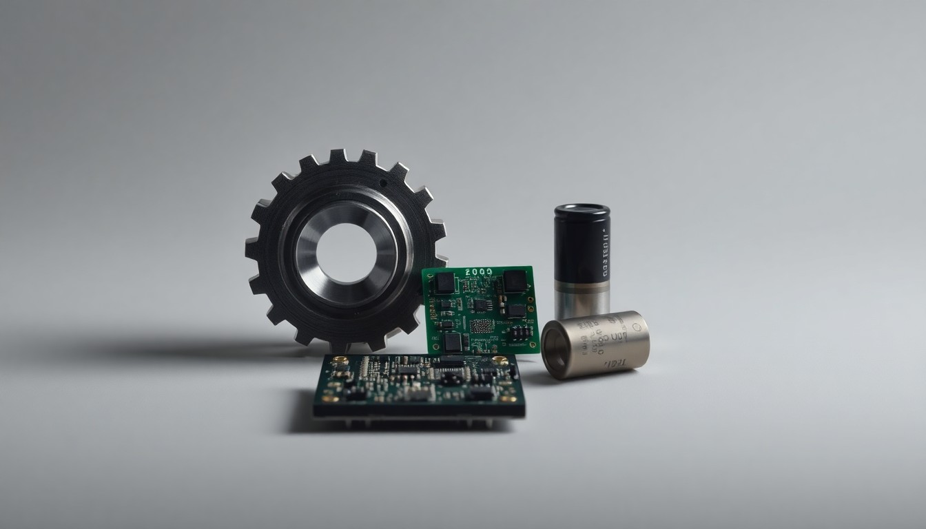 A high-end, photorealistic studio still-life photograph featuring a polished metal gear, a sleek circuit board, and a smooth ceramic capacitor arranged elegantly on a clean, monochromatic seamless background, conceptually representing Rogers Corporation's advanced engineered materials used in various industrial and technology applications.