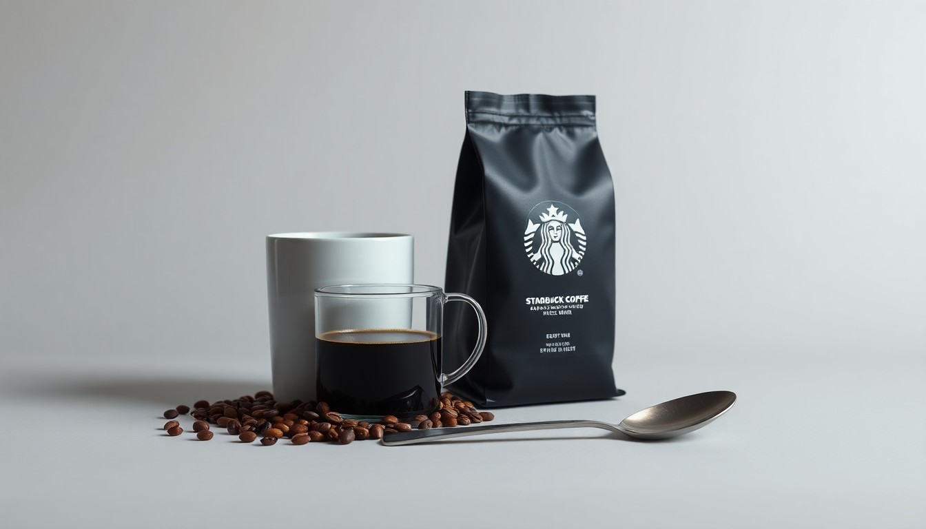A high-end, photorealistic studio still-life photograph featuring a sleek coffee mug, a bag of premium coffee beans, and a simple metal spoon arranged elegantly on a clean, monochromatic background, conceptually representing Starbucks' focus on quality and attention to detail.