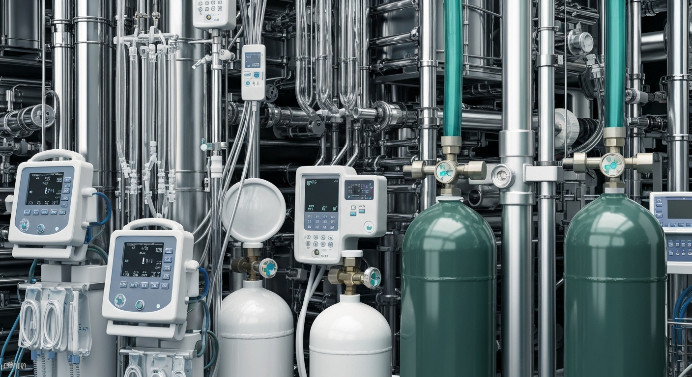 A close-up image of various medical equipment and supplies, including oxygen tanks, tubing, and monitoring devices, arranged in a visually striking, industrial composition to represent the scale and importance of the home healthcare industry.