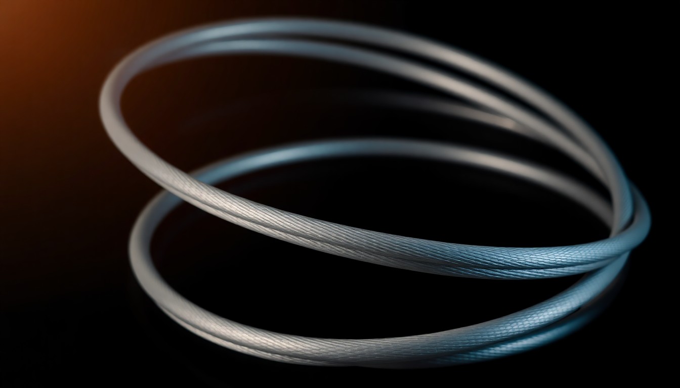 A highly detailed, photorealistic studio photograph of a coiled metallic telecommunications cable on a solid black background, symbolizing Lumen's core network capabilities.