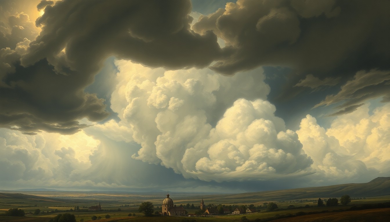 A sweeping, majestic landscape painting depicting an ominous, swirling storm system dominating the sky over a small town or rural area, conveying the overwhelming power and scale of the natural forces at play.