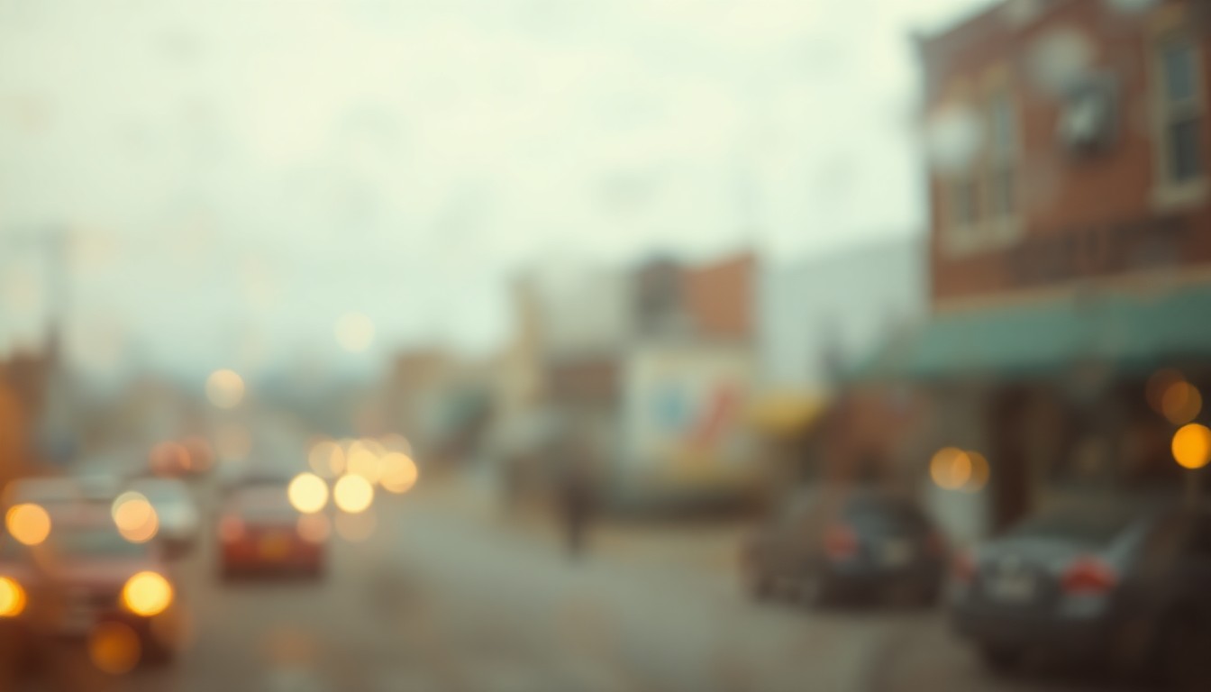 An extremely blurred, impressionistic photograph in soft, muted tones, capturing the cozy, nostalgic atmosphere of a small Midwestern town.