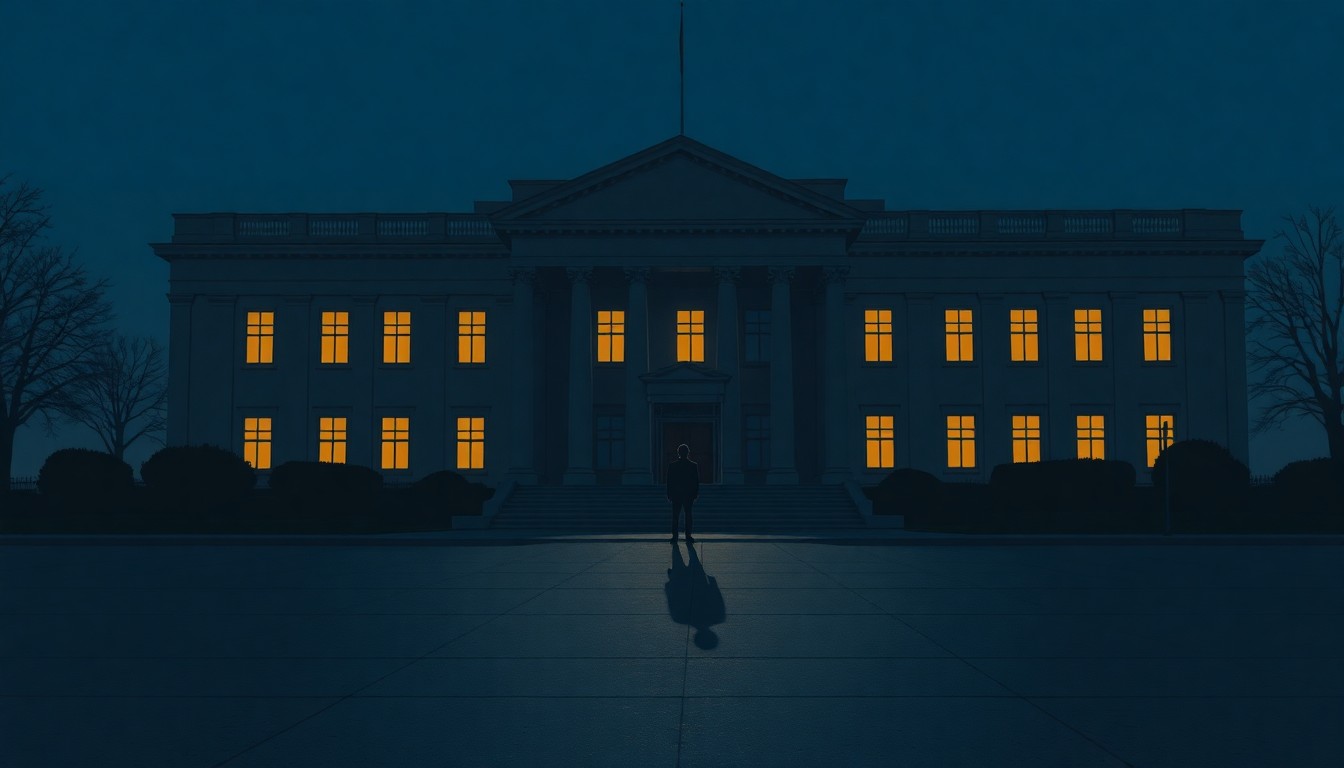 A dimly lit government building at night, with a lone figure in silhouette standing in a doorway, casting a long shadow across the pavement in muted tones of blue, gray, and amber, conceptually representing the tensions between the executive branch and the judiciary over immigration enforcement.