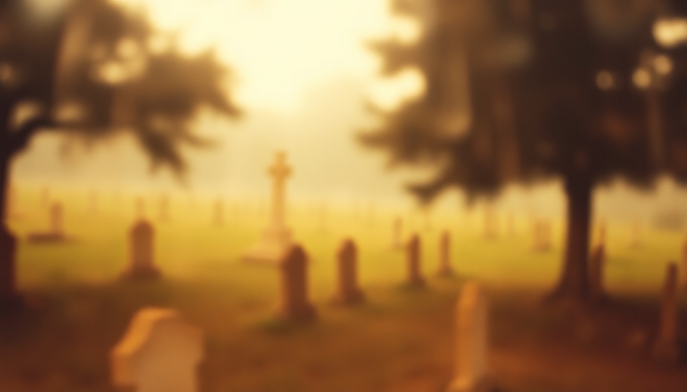 An extremely blurred and abstracted scene of a rural cemetery, with soft pools of warm light and color creating a contemplative, atmospheric mood.