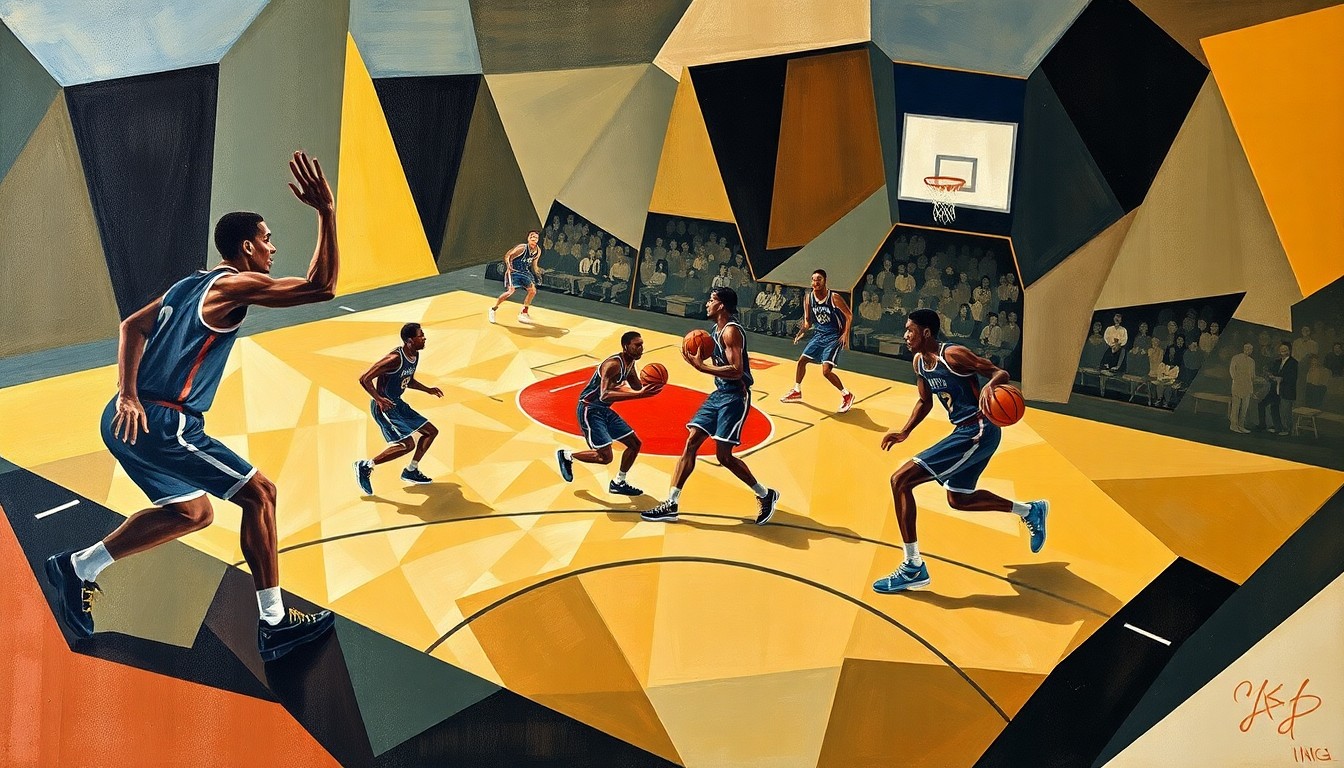 A cubist, geometric painting depicting the abstracted forms of basketball players in motion, with the ball and court lines creating a dynamic, kinetic composition.