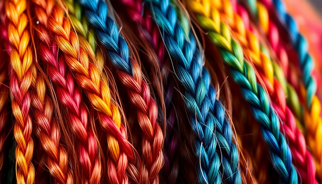 An extreme close-up photograph of vibrant rainbow-colored braided hair strands, shot with dramatic high-contrast lighting to create a glamorous, high-fashion feel, conceptually representing the rivalry between rappers over their signature hair styles.