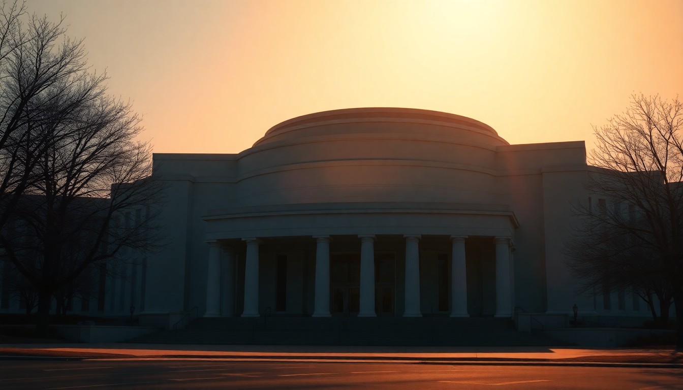 A photorealistic painting of the Kennedy Center's exterior, with the building's marble facade and distinctive arched roof bathed in warm, golden light and deep shadows, conveying a sense of the structure's architectural grandeur and need for preservation.
