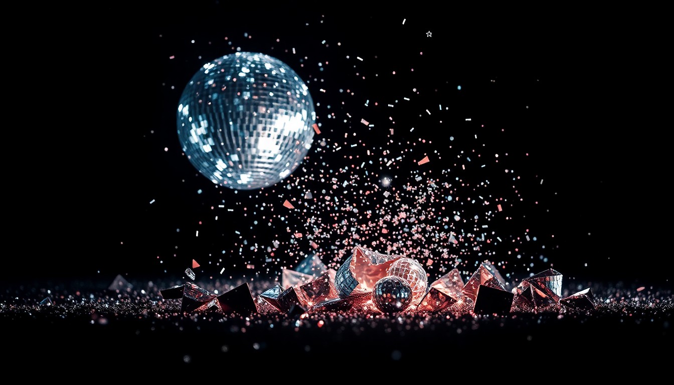 An extreme close-up photograph of shattered glass fragments reflecting bright light, conceptually representing the energy and excitement of a rock concert.