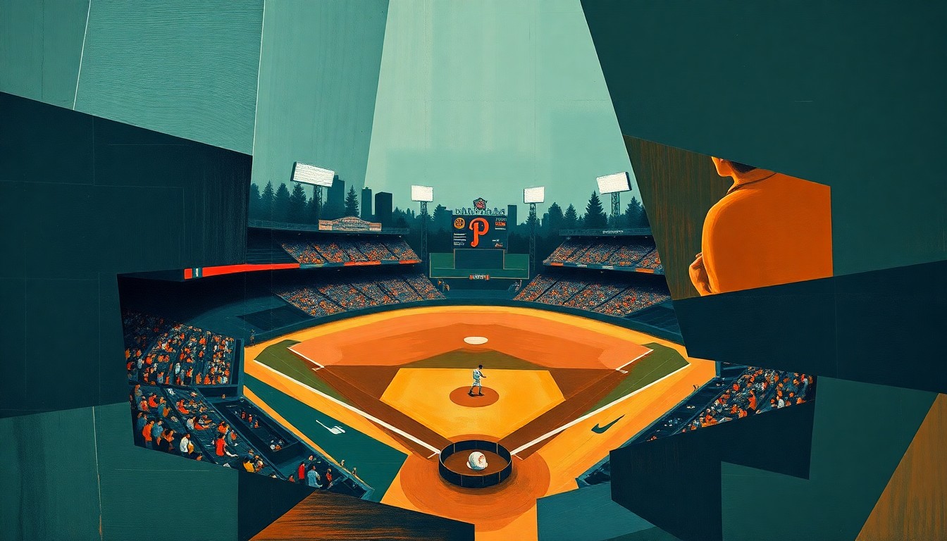 A cubist, geometric illustration depicting the action of a baseball game, with players and the field broken down into sharp, overlapping planes of muted navy, green, and orange tones, conveying the tension and intensity of the pitching matchup.