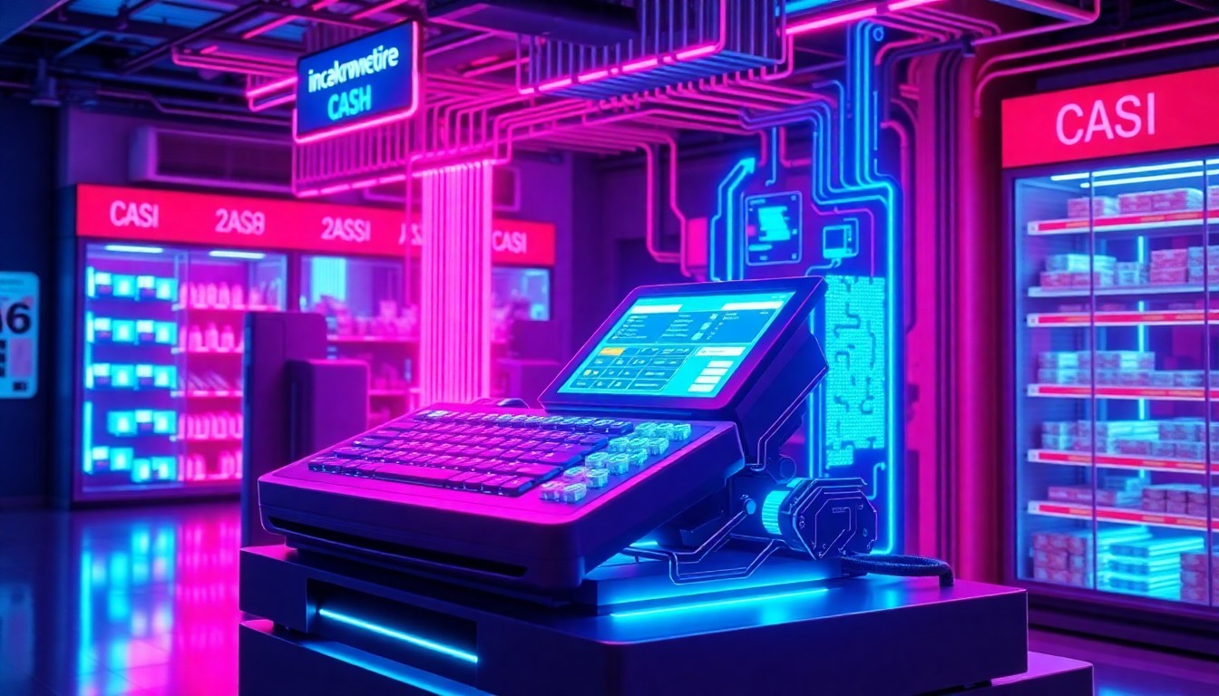 A highly detailed, glowing 3D illustration of an AI-powered cash register and inventory management system, with neon cyan and magenta lights illuminating the complex circuitry and data flows, conceptually representing the advanced technology powering an autonomous retail store but also the potential vulnerabilities and need for human intervention.
