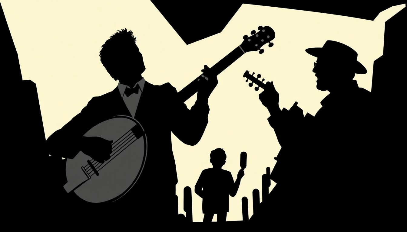 An abstract illustration featuring stark black silhouettes of a banjo, a singer, and other geometric shapes, conveying the spirit of the bluegrass community that Howard Anderson championed in Arizona.