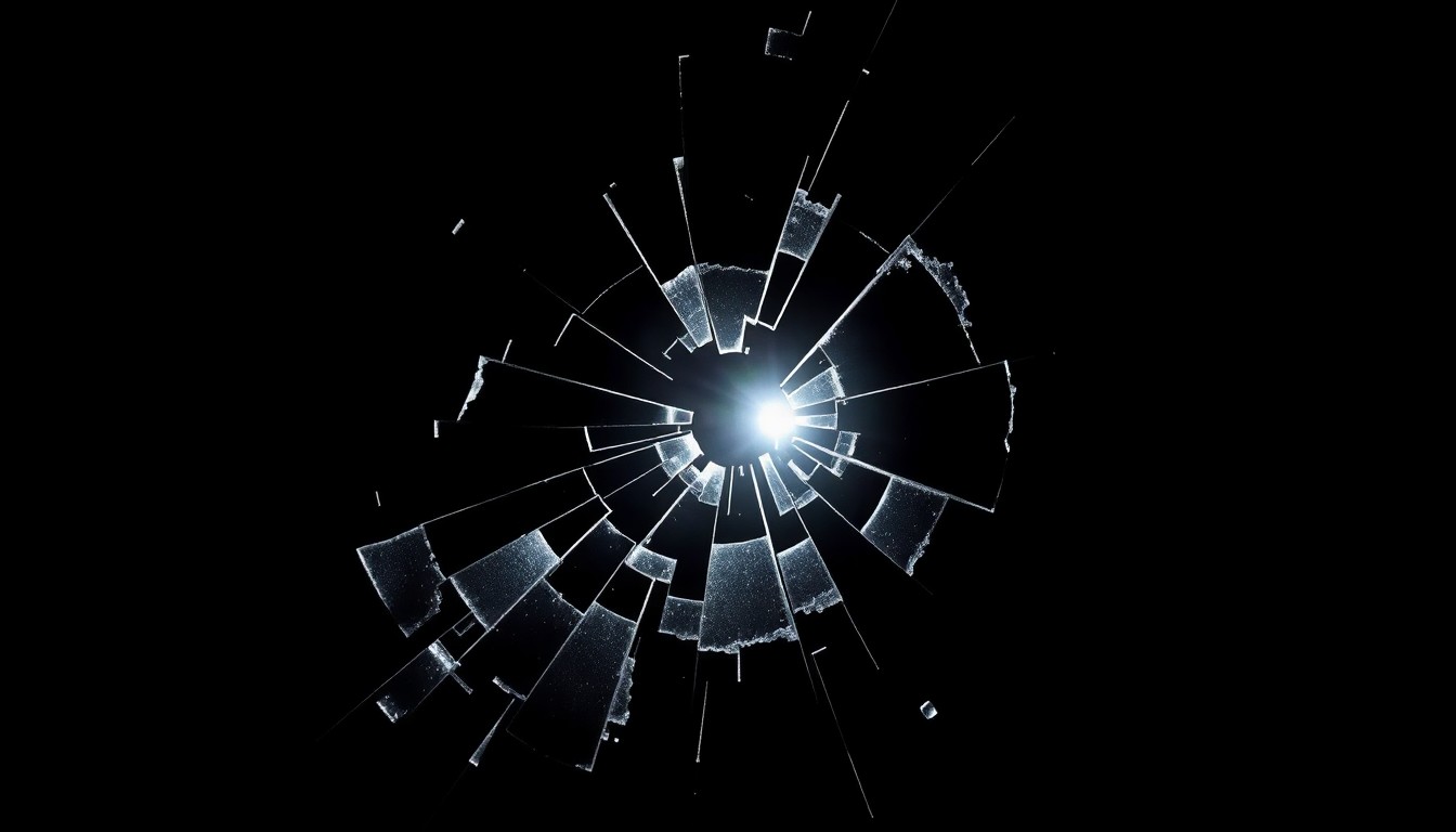 An extreme close-up photograph of a shattered impact window lens, the jagged edges and reflective surface creating a dramatic, investigative visual metaphor for a cargo theft crime.