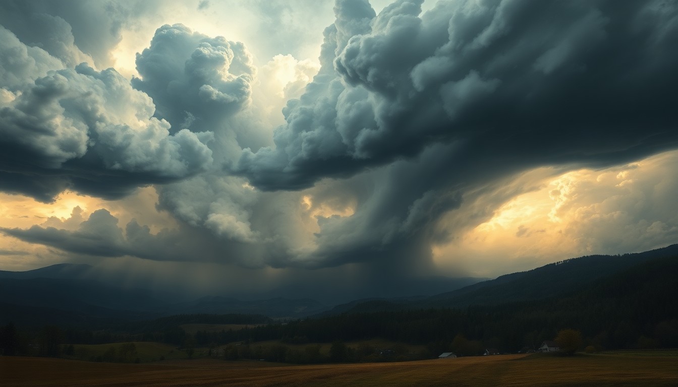 A vast, atmospheric landscape painting depicting a dramatic thunderstorm system dominating the sky over a rural Hudson Valley scene, with any physical structures or objects dwarfed by the sweeping, turbulent clouds and ominous lighting.