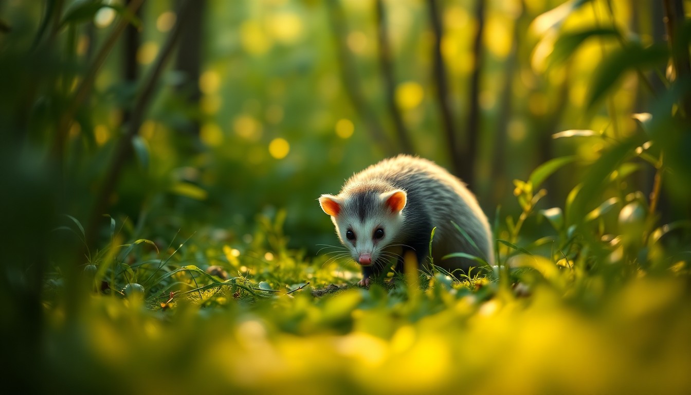 An extremely abstracted, out-of-focus photograph of an opossum moving through a verdant forest, with soft, warm pools of light and color creating a dreamlike, atmospheric scene that conceptually represents the animal's journey from captivity to freedom.