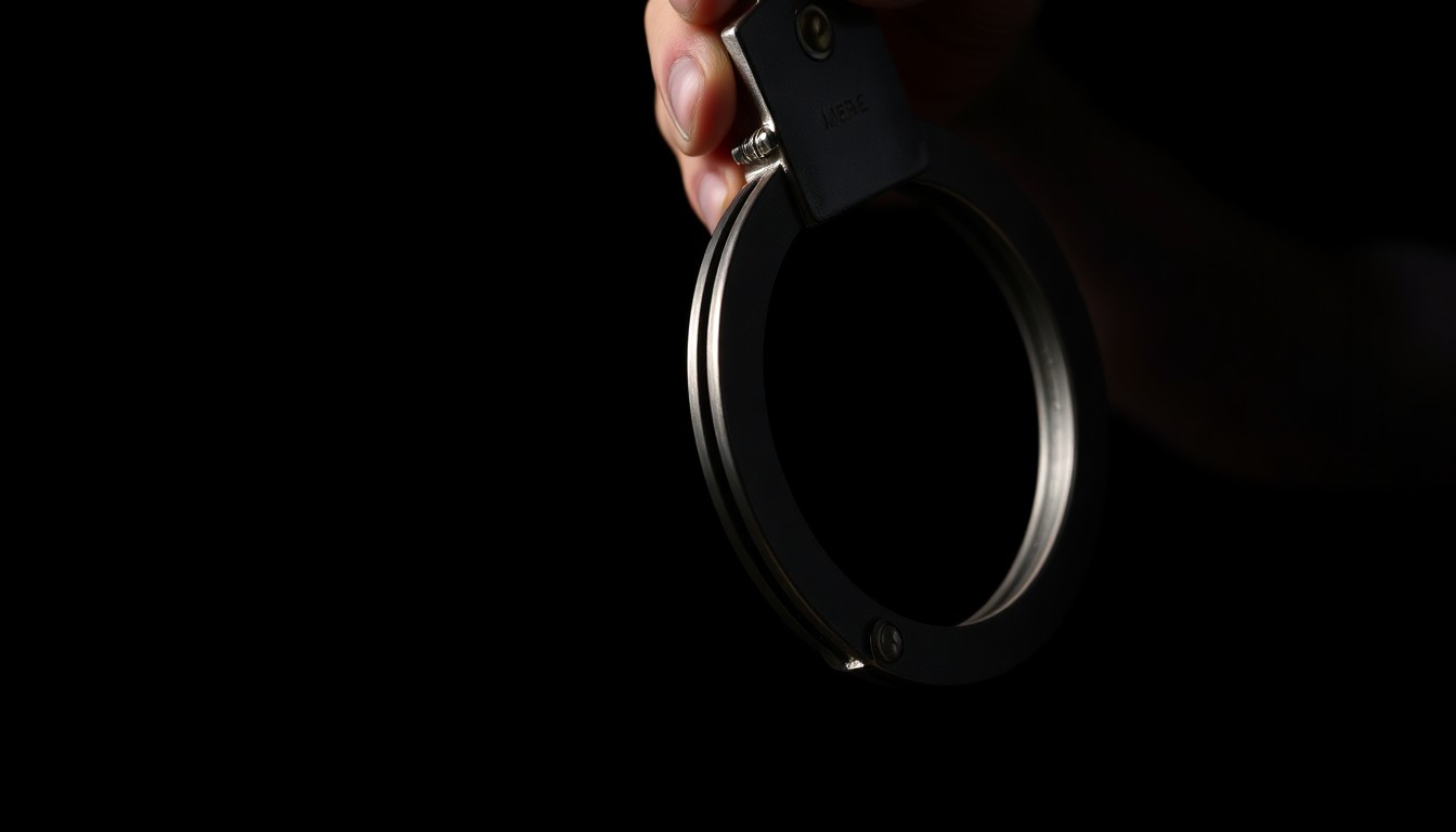 An extreme close-up of a metal handcuff against a stark black background, conveying a sense of gritty, sudden investigation into a personal matter.