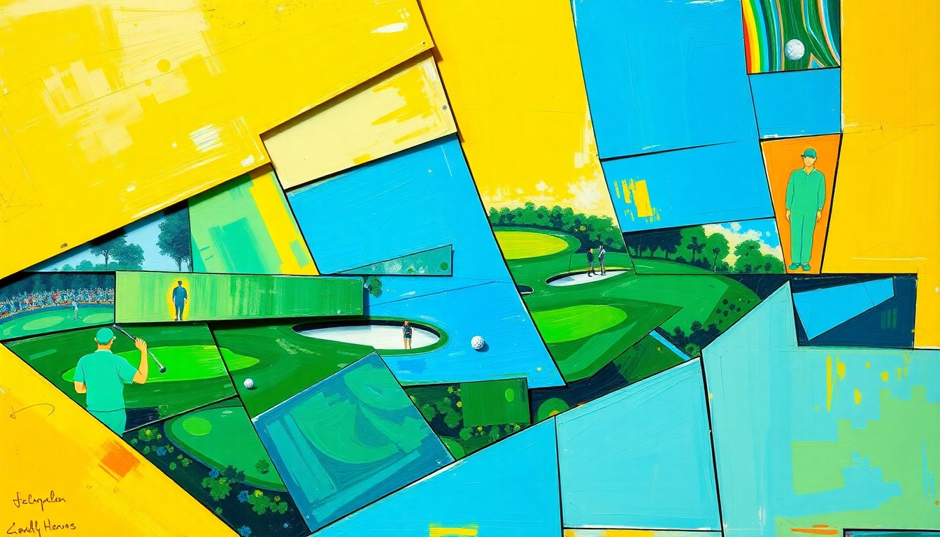 A cubist, geometric painting in vibrant greens, blues, and yellows, depicting a fragmented and deconstructed golf tournament scene.