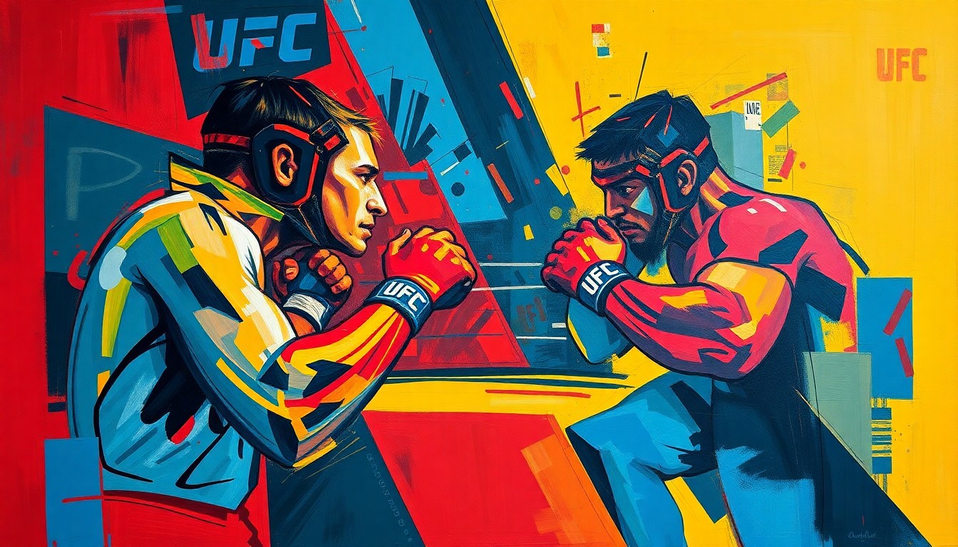 A cubist-style painting depicting a UFC fight scene, with the combatants and arena broken down into sharp, overlapping geometric shapes and planes in a vibrant color palette.