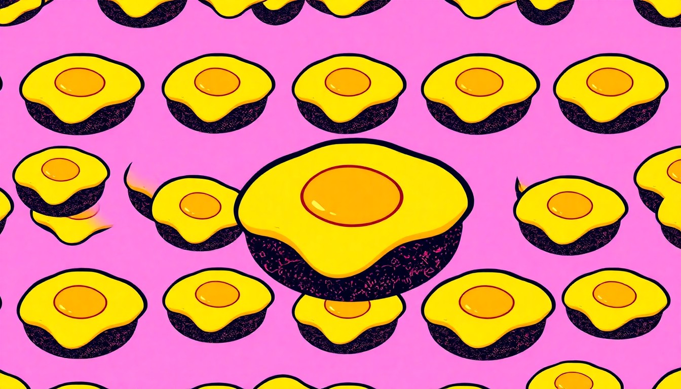 A high-contrast silkscreen print of a single, iconic breakfast item such as a hash brown or cheeseburger patty repeated in a tight grid pattern, using vibrant neon colors and heavy black outlines to capture the excess and creativity of the St. Louis slinger.