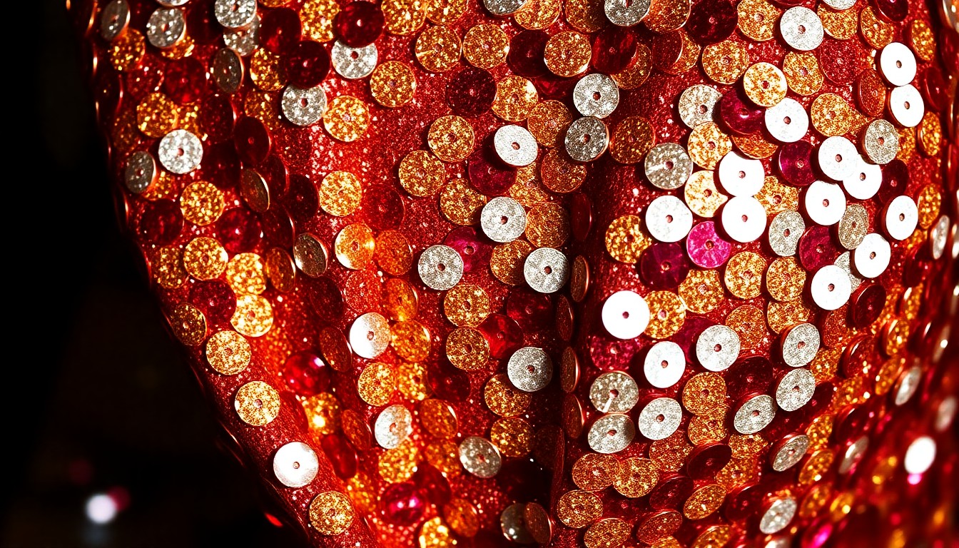 An extreme close-up photograph of shimmering, glittering sequins in rich metallic tones, capturing the luxurious textures and sensual energy of celebrity culture.
